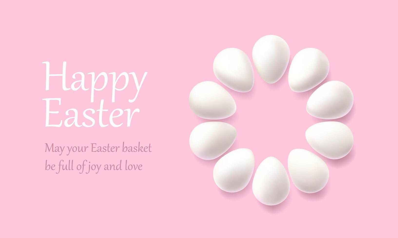 White chicken egg round layout top view, happy Easter background. 3d hen food render, farm organic protein concept. Fresh healthy breakfast illustration, light shell duck cook realistic package vector