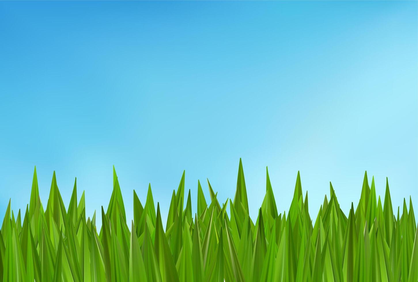 Green grass 3d bush header. Blue clear sky background. Spring field summer texture. Meadow landscape, football lawn. Natural park plant border. Fresh hill land layout illustration. Easter farm vector