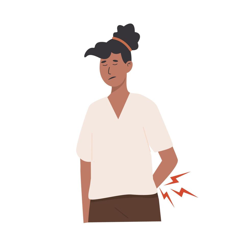 Afro woman suffering from back pain, holding her lower back with a pained expression. Medical concept of spine issues, posture problems, and physical pain. Flat Style Illustration. vector