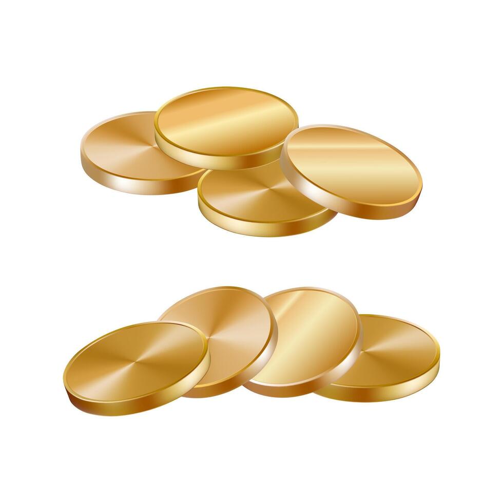 Golden coins small pile. 3d medal stack drop render icon. Falling cash stack currency change. Casino game chips loan. Premium loan icon emoji. Money mountain bunch isolated. Realistic finance vector