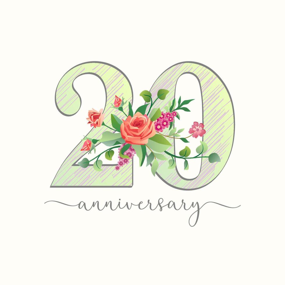 Cute number 20 with roses and mallows bouquet. Happy anniversary graphic congrats. Creative handdrawn style digit 2 and 0 with sketching elements and isolated clipping mask. Set of vintage flowers. vector