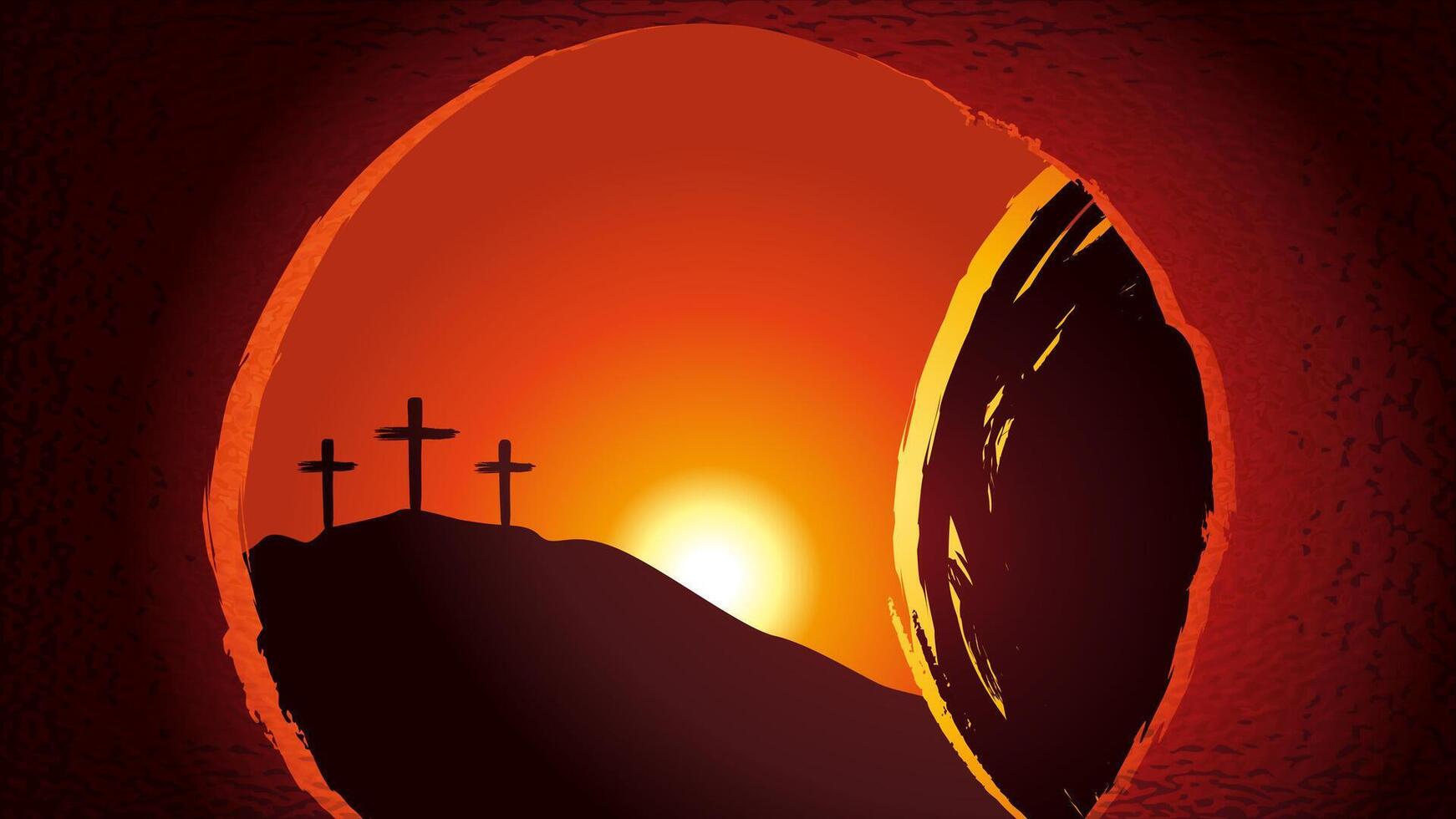 Morning Easter Sunday, open tomb and three cross - Christian illustration, banner template, background with copy space vector