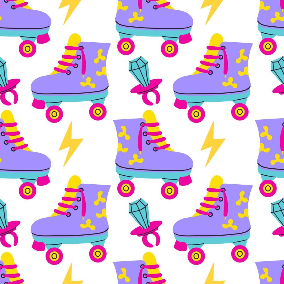 Seamless pattern with cute retro roller skates . 80s 90s seamless pattern in modern style flat, line style. Hand drawn illustration. vector