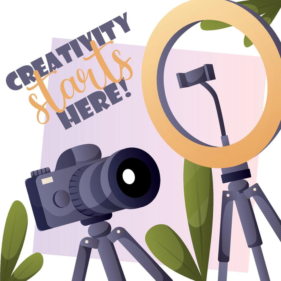 postcard with a camera and ring light for creative ideas vector