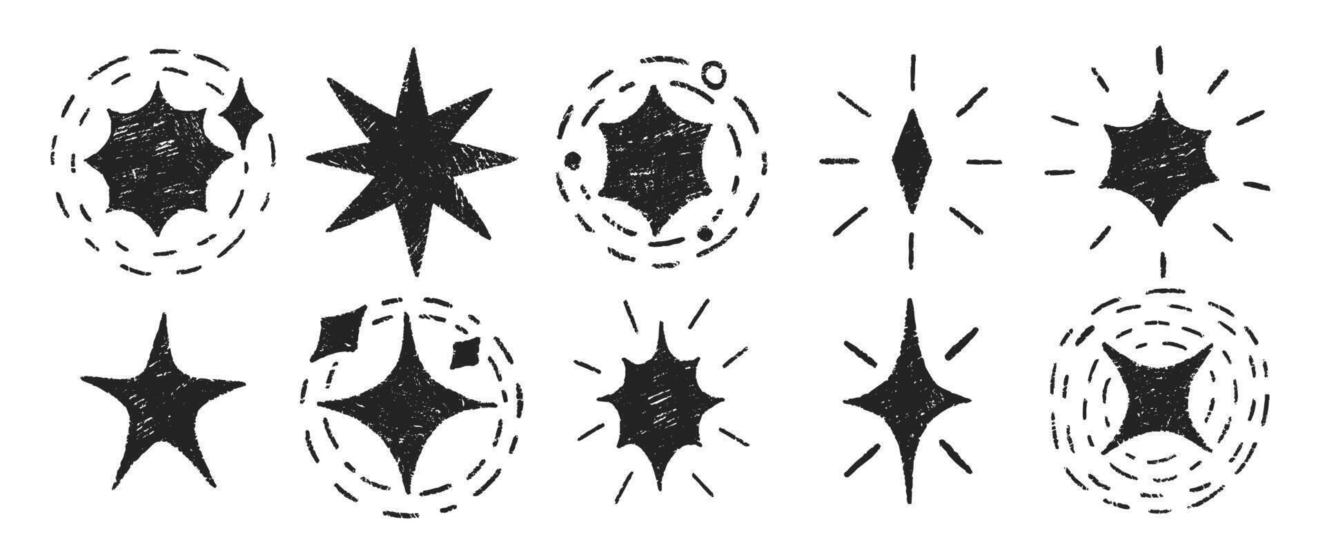 Crayon stars and glowing symbols in sketch style. Grunge comic figure on a white background. Black illustration on a white background. vector
