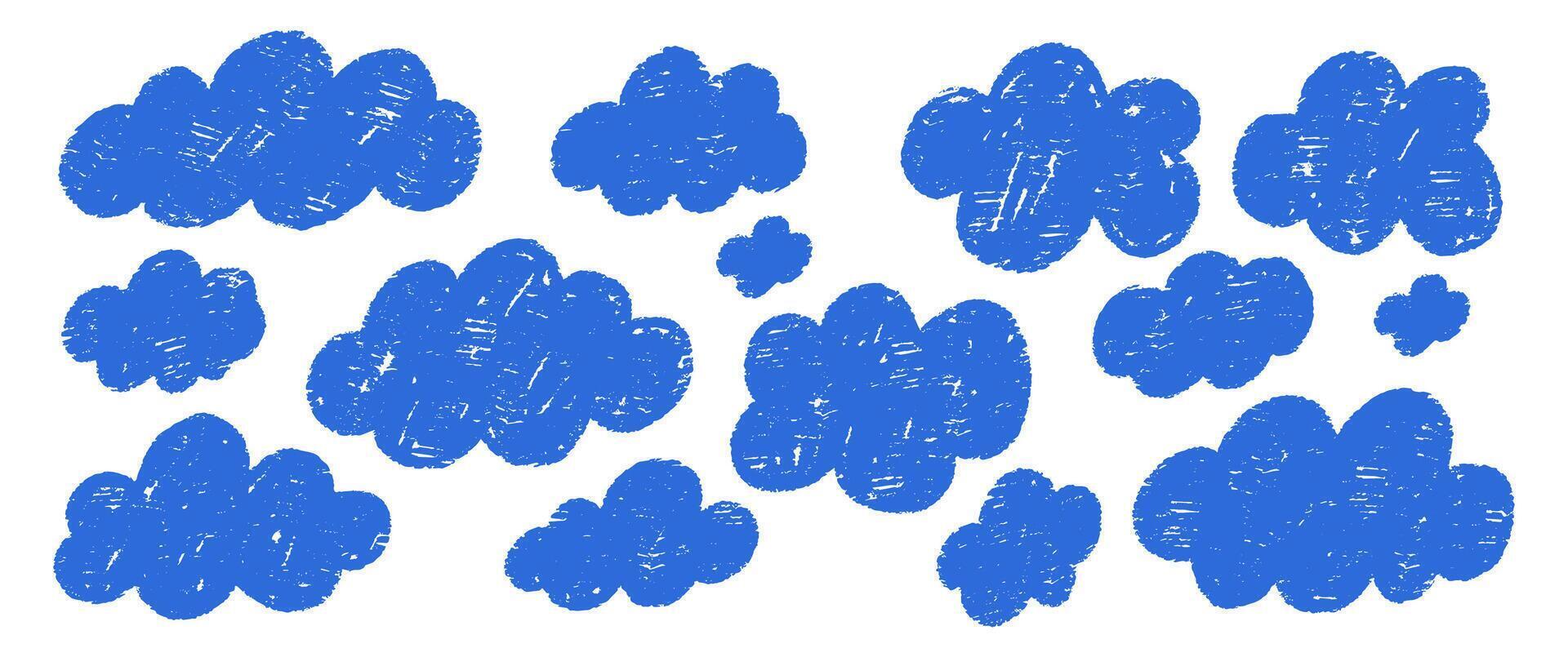 Set of abstract pencil clouds. Sketch blue illustration on a white background. vector