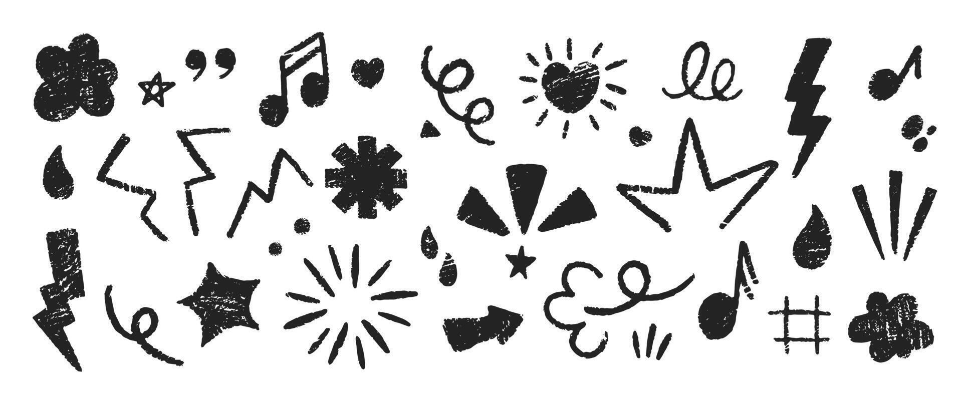 Set of emphasis symbols hand drawn with pastel or crayon. Grunge emo doodle elements on a white background. vector