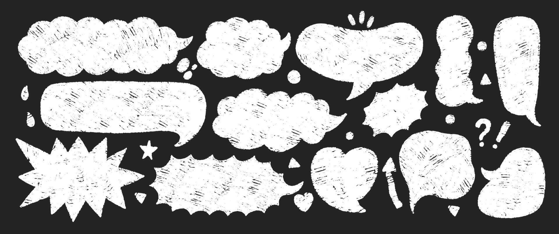 Set of crayon comic frames in hand drawn style. Speech bubbles with crayon texture. Cartoon children illustration on a blackboard. vector