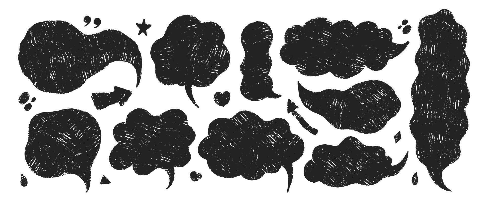 Set of text boxes and speech bubbles with crayon or chalk texture. Black illustration on a white background. vector