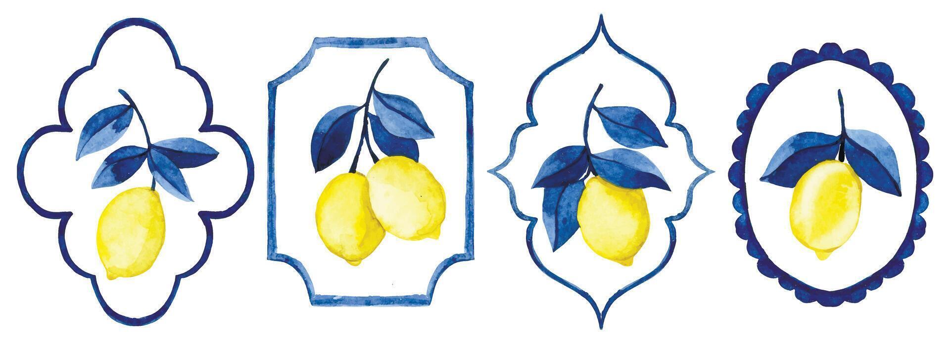 set of blue frames with swirls and lemons, elegant watercolor illustration. vector