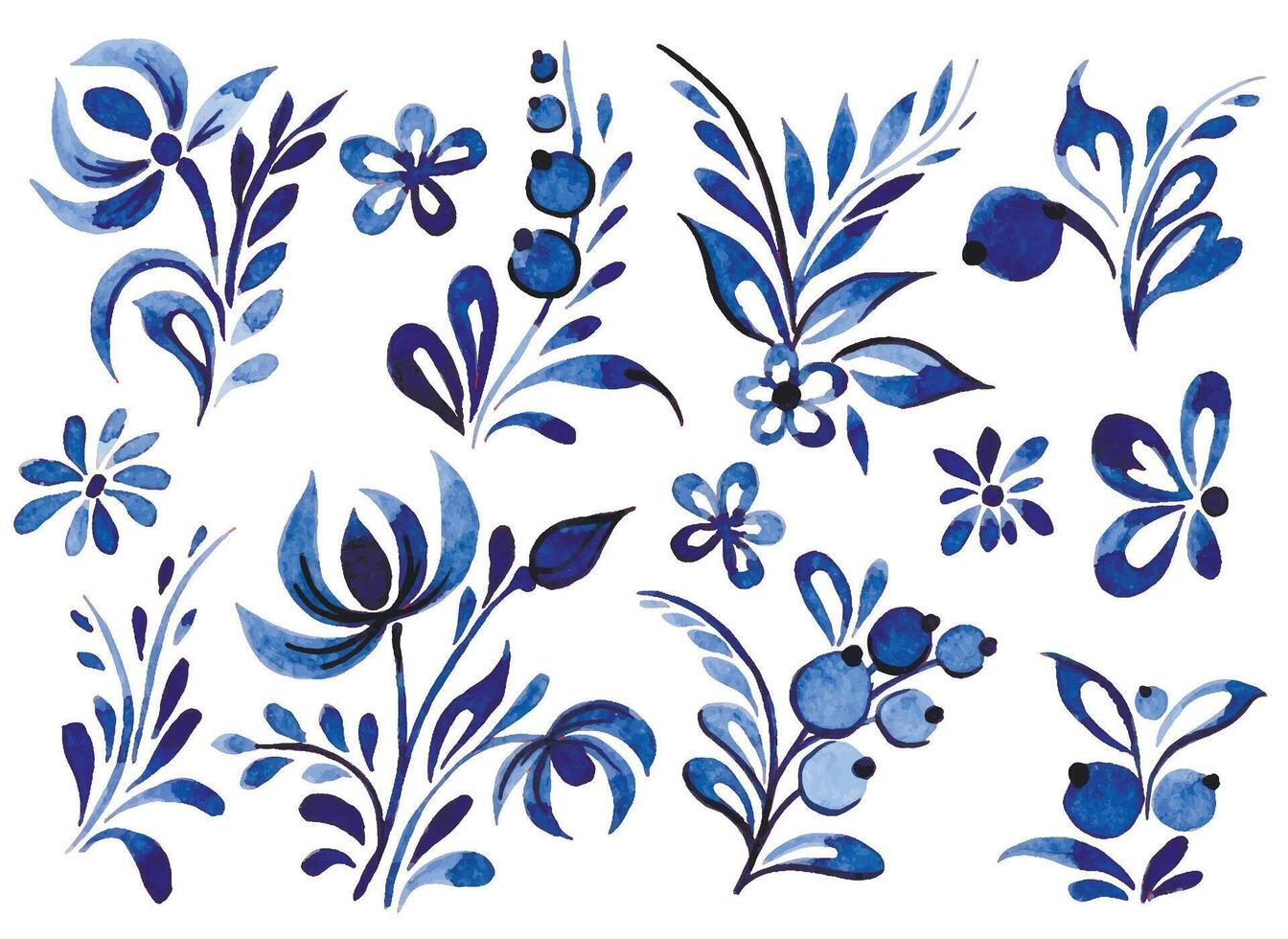 set of blue ornaments in Russian style. watercolor brush drawing for porcelain painting vector
