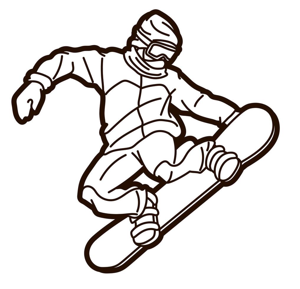 Extreme Sport Snowboard Player Snowboarder Jumping Action Cartoon Graphic vector