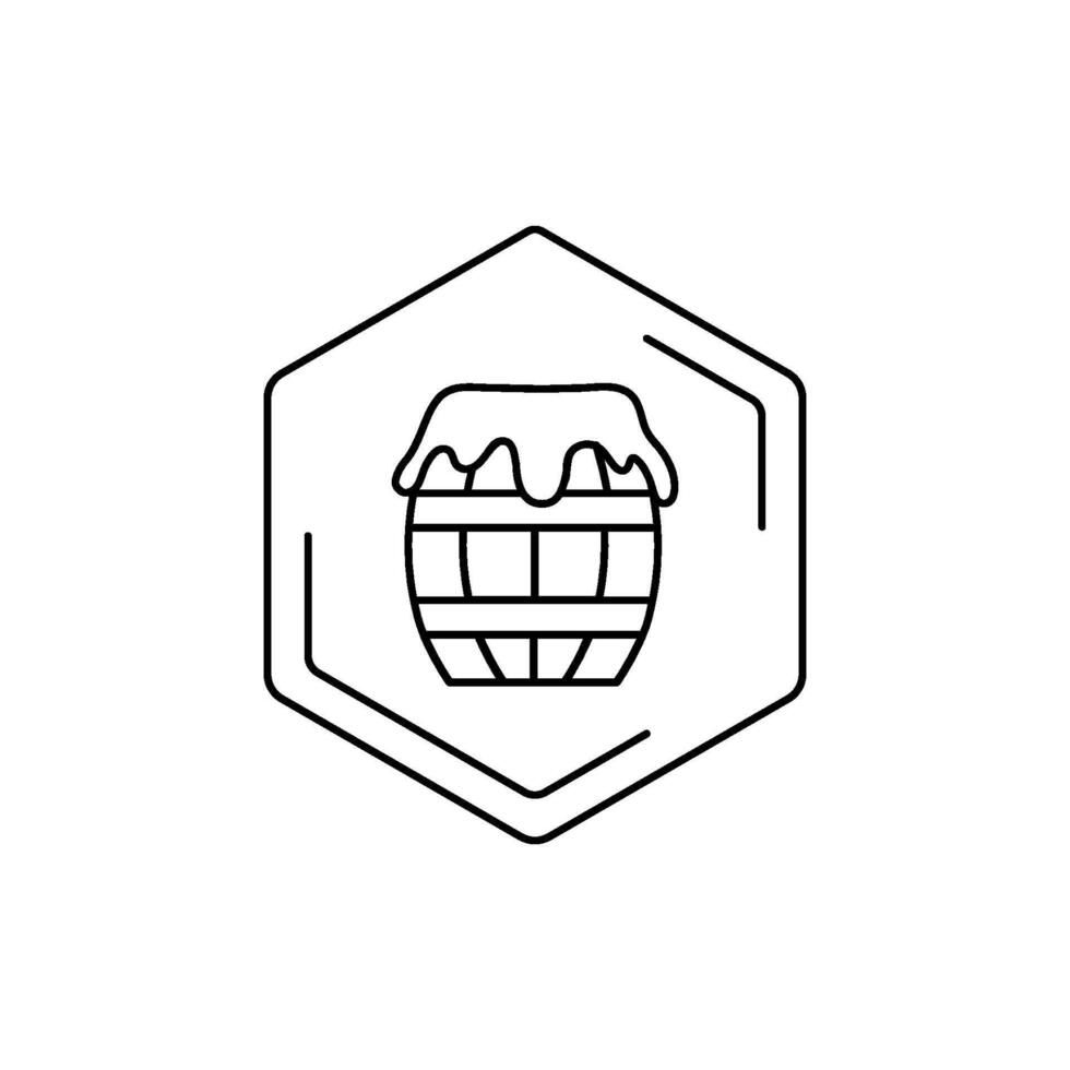 Honey barrel line icon in hexagonal frame on white background. black line pictogram. Tropical themes, pollen, field honey in minimalistic style vector
