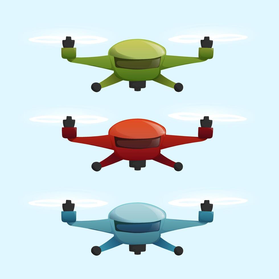set of three drones in green, red and blue colors vector