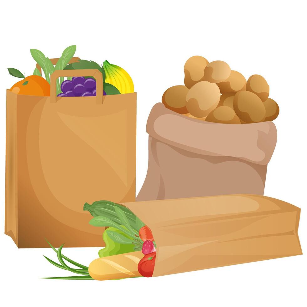 paper bags with organic products from the supermarket, vegetables, fruits vector