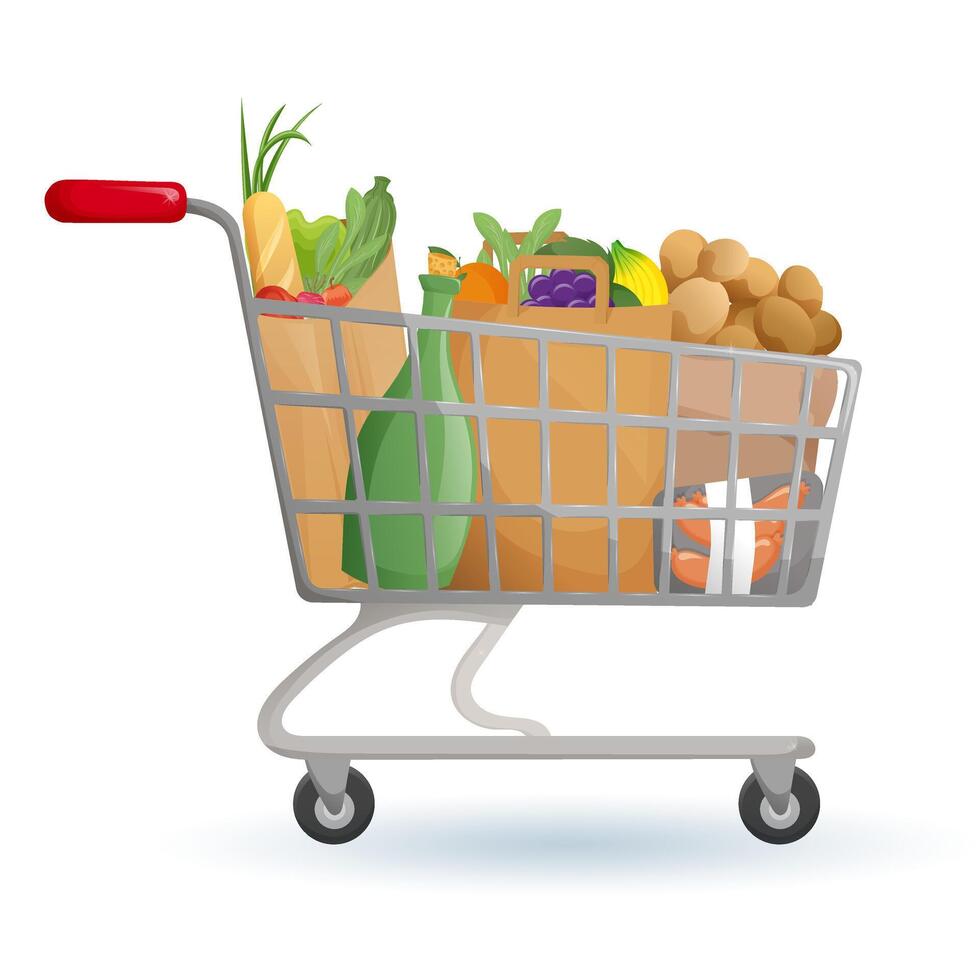shopping cart with groceries vector