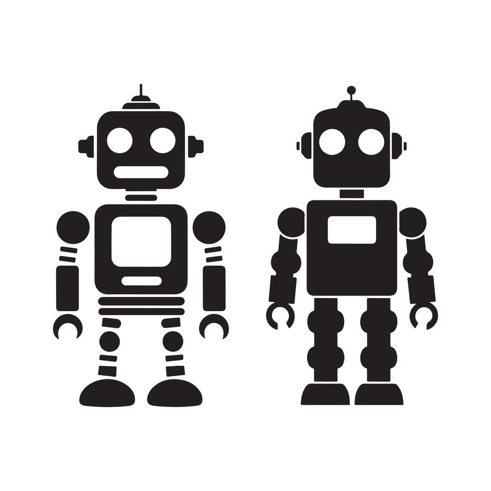 Retro Style Robot Illustrations - Two Unique Black Silhouettes of Vintage Robots with Distinct Features and Designs vector