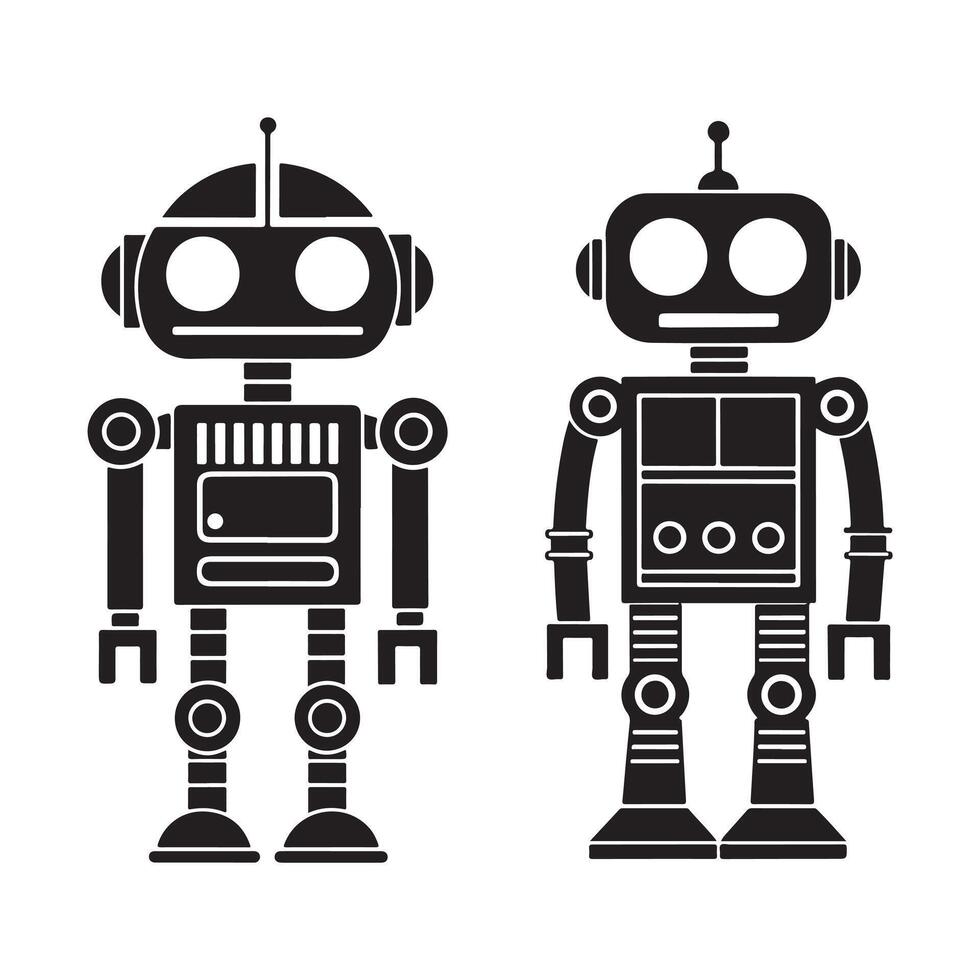 Retro Futuristic Robot Illustrations of Two Unique Black and White Designs with Distinct Features, Ideal for Technology and Sci-Fi Projects vector