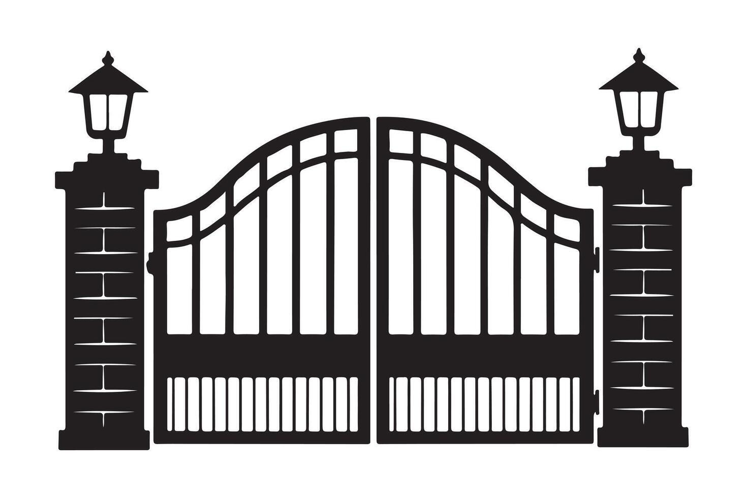 Elegant Iron Gate with Brick Pillars and Lanterns, Symmetrical Design for Entrances, Gardens, and Driveways, Classic and Timeless Architectural Element vector