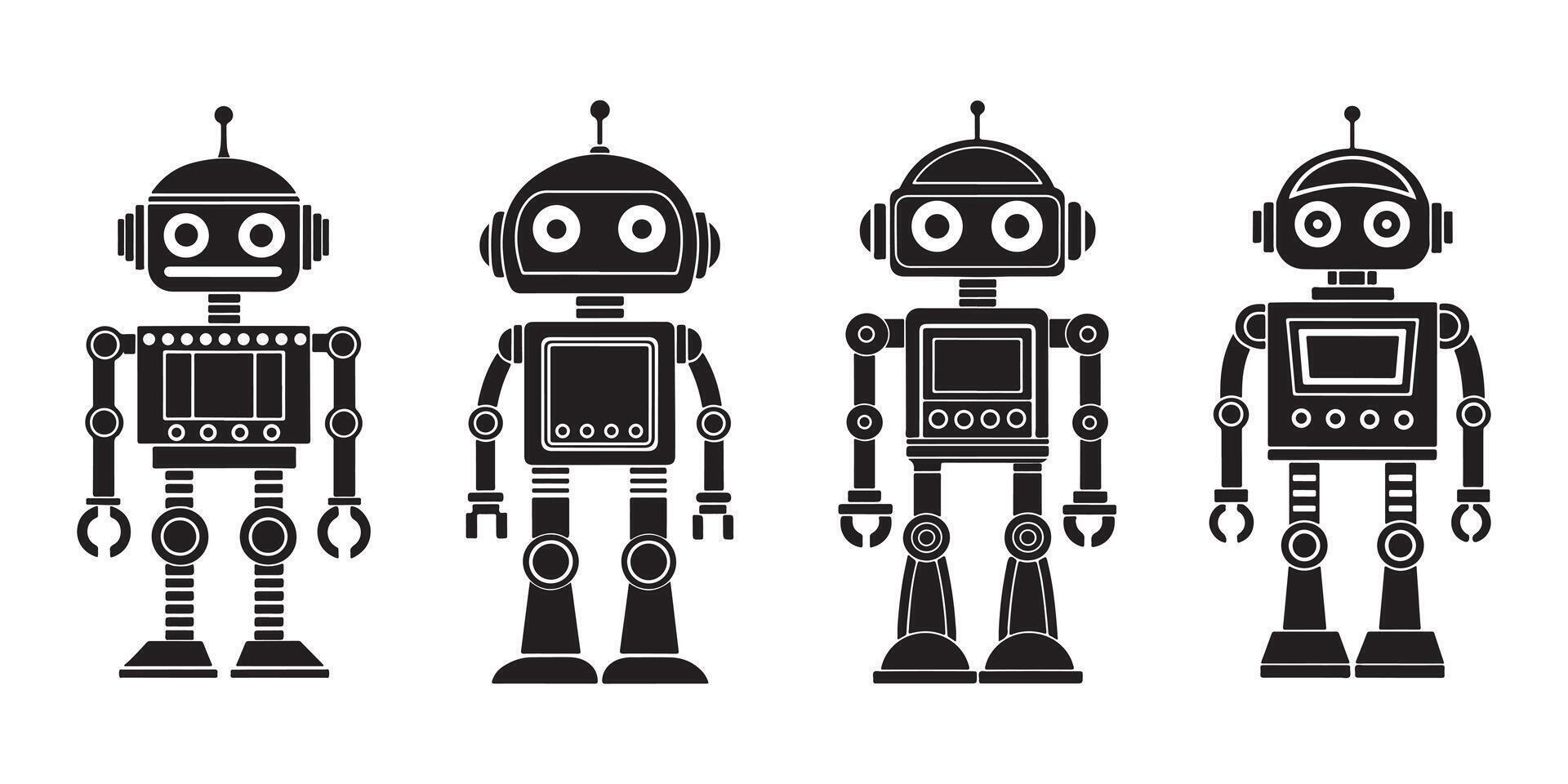 Set of Four Retro Futuristic Robots with Unique Designs and Expressions, Perfect for Technology and Sci-Fi Themed Projects vector