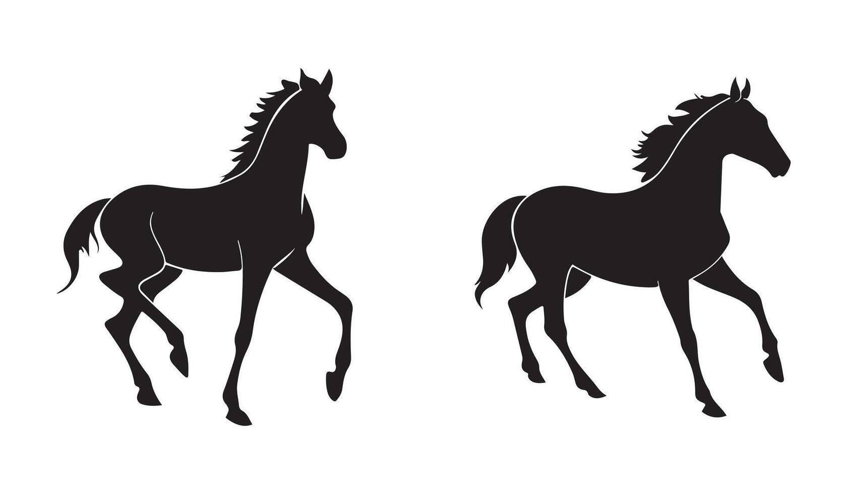 Elegant Silhouette Illustrations of Two Galloping Horses with Detailed Mane and Tail, Perfect for Equestrian and Animal-Themed Designs vector