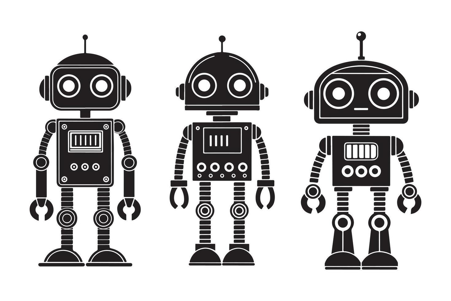 Set of Three Retro Futuristic Robots with Antennas and Mechanical Details in Black and White, Perfect for Sci-Fi and Technology Designs vector