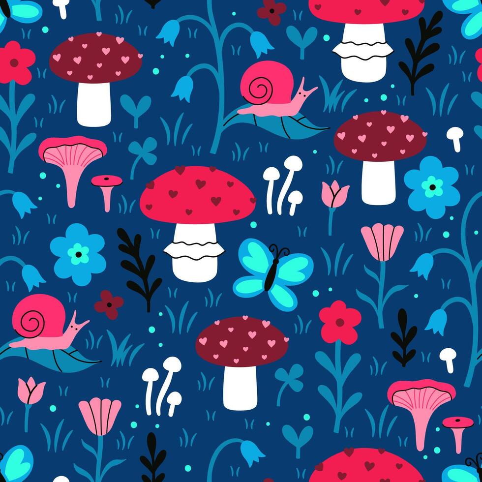 Seamless pattern with mushrooms, flowers, butterflies and snails. graphics. vector