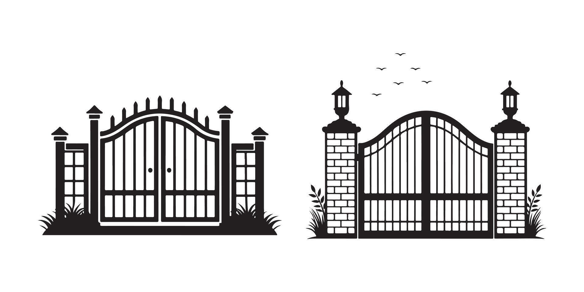 Elegant Iron Gates with Brick Pillars and Lanterns for Ornate Home Entrances, Ideal for Residential and Garden Designs vector