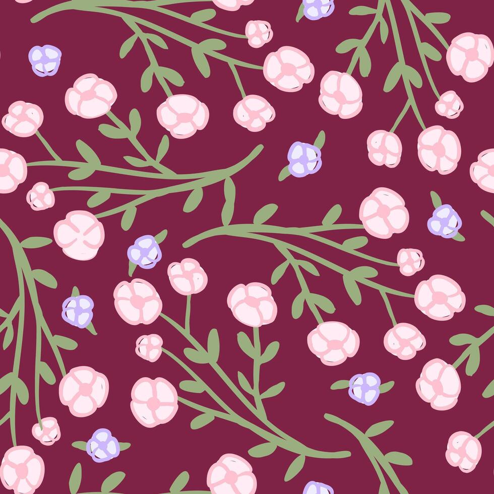A seamless botanical pattern featuring pink and purple berries with green leaves on a deep burgundy background, perfect for textiles, wallpapers, and packaging. vector