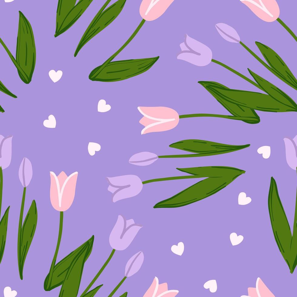 Hand-drawn seamless pattern featuring pink and purple tulips with green leaves on a pastel purple background, accented with small white hearts. vector
