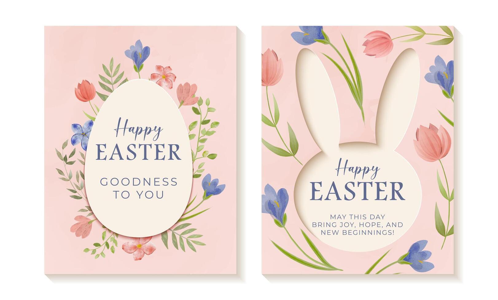 Watercolor Easter posters with papercut effect. Elegant floral spring designs in soft pastel colors. Ideal for greeting cards, invitations, prints, social media, and festive decor. vector