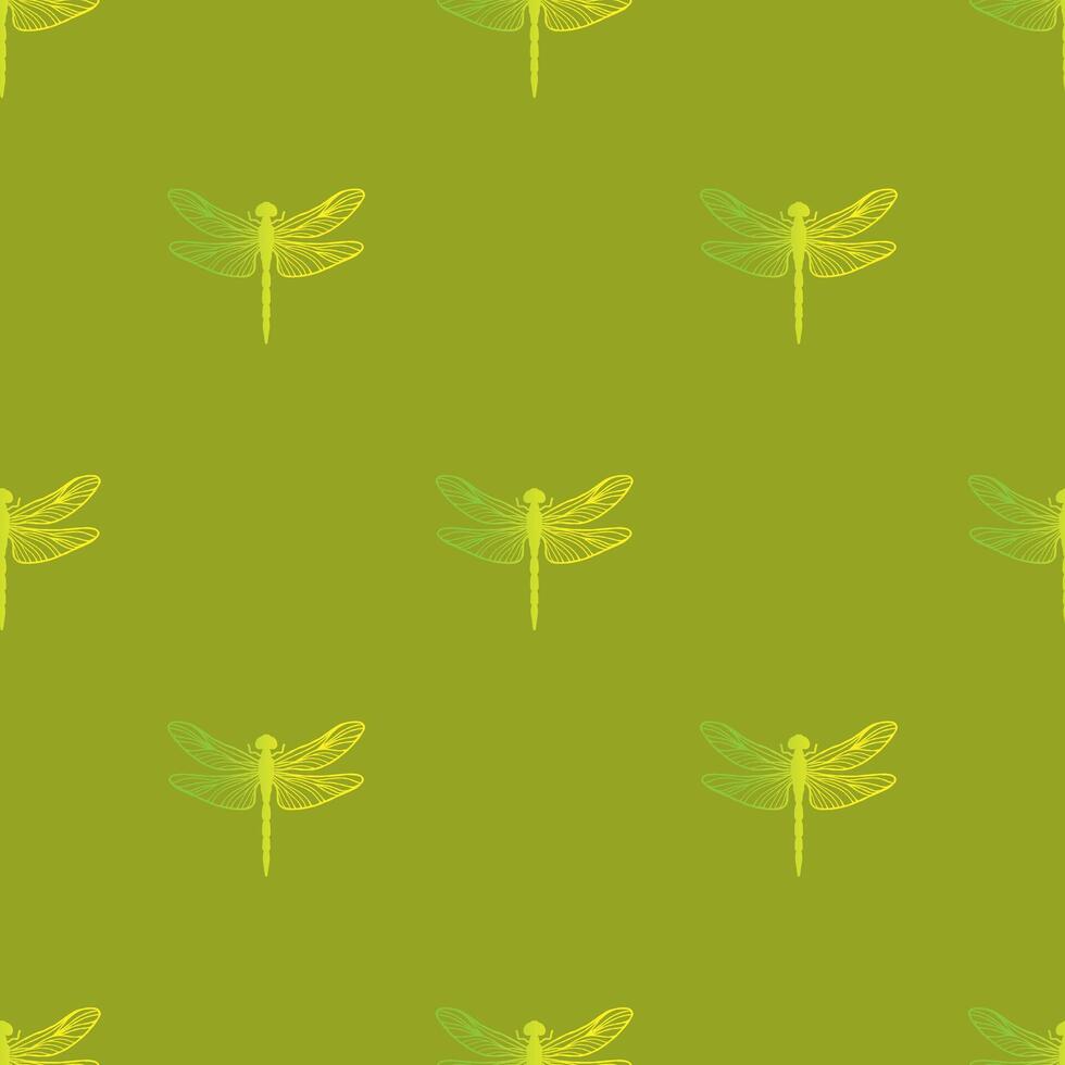 Seamless dragonfly pattern on a green background. Perfect for textiles, wallpapers, and decorative designs. vector