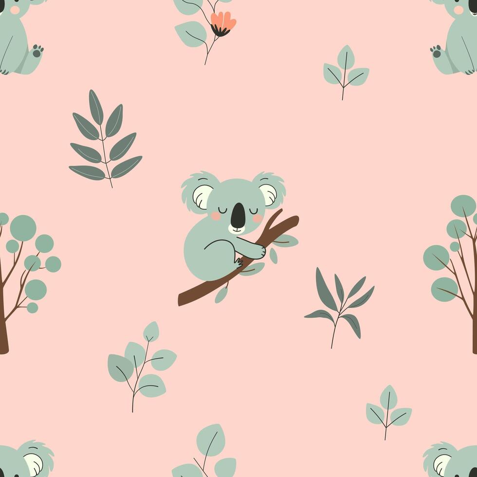 seamless pattern with animal. pattern with cute koalas resting on branches, surrounded by leaves and flowers on a peach background. vector