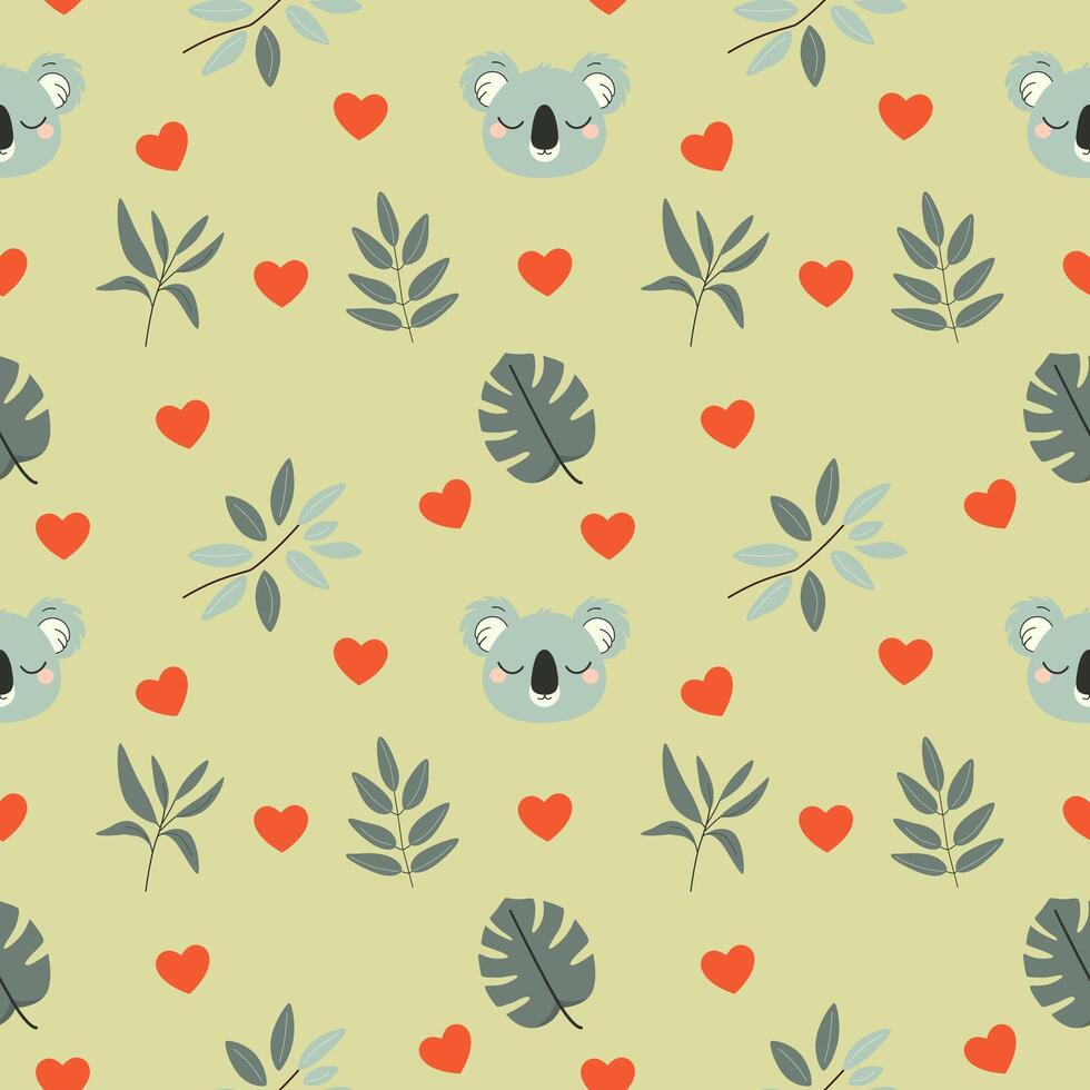 Seamless pattern with cute koala faces, hearts, and leafy branches on a green background. Animal children pattern. For children's clothing and accessories, wallpaper for children's, fabrics design. vector