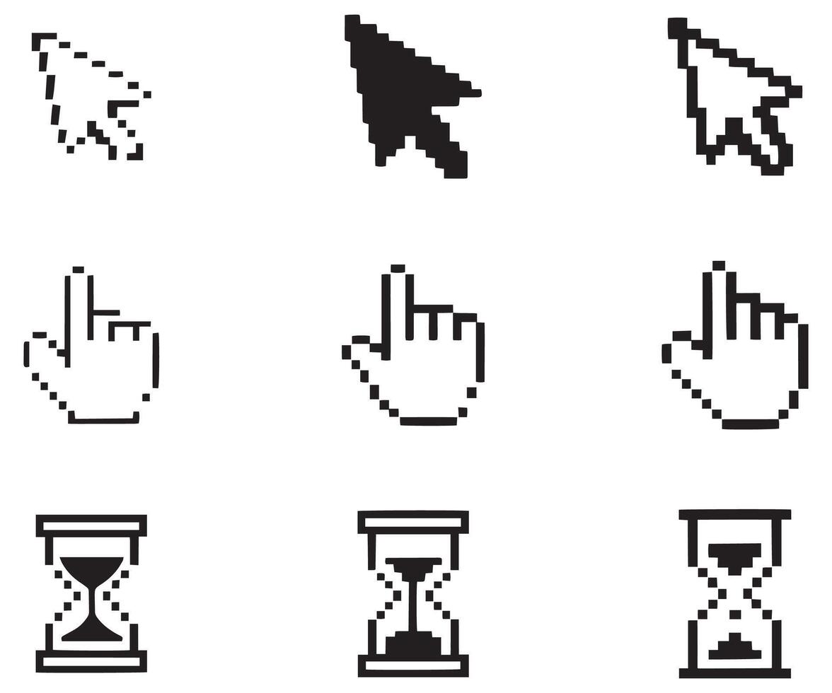 Pixel cursors icons, mouse hand arrow hourglass vector