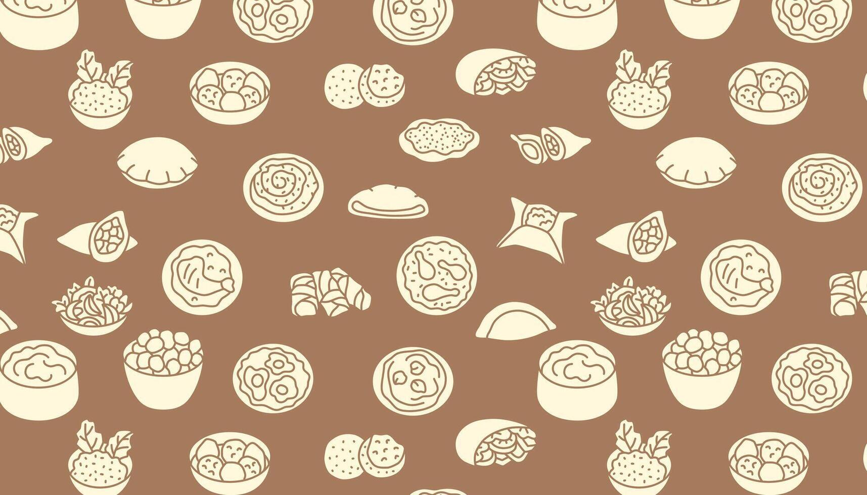 Beige silhouette pattern of Middle Eastern cuisine on a brown background vector