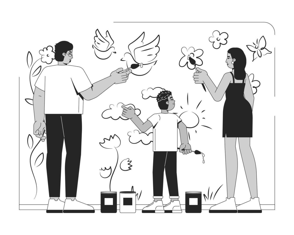 Community wall mural painting outline illustration. Child creativity. Black family with son paint brushing on public wall 2D line characters isolated on white. Monochrome ink linear image vector