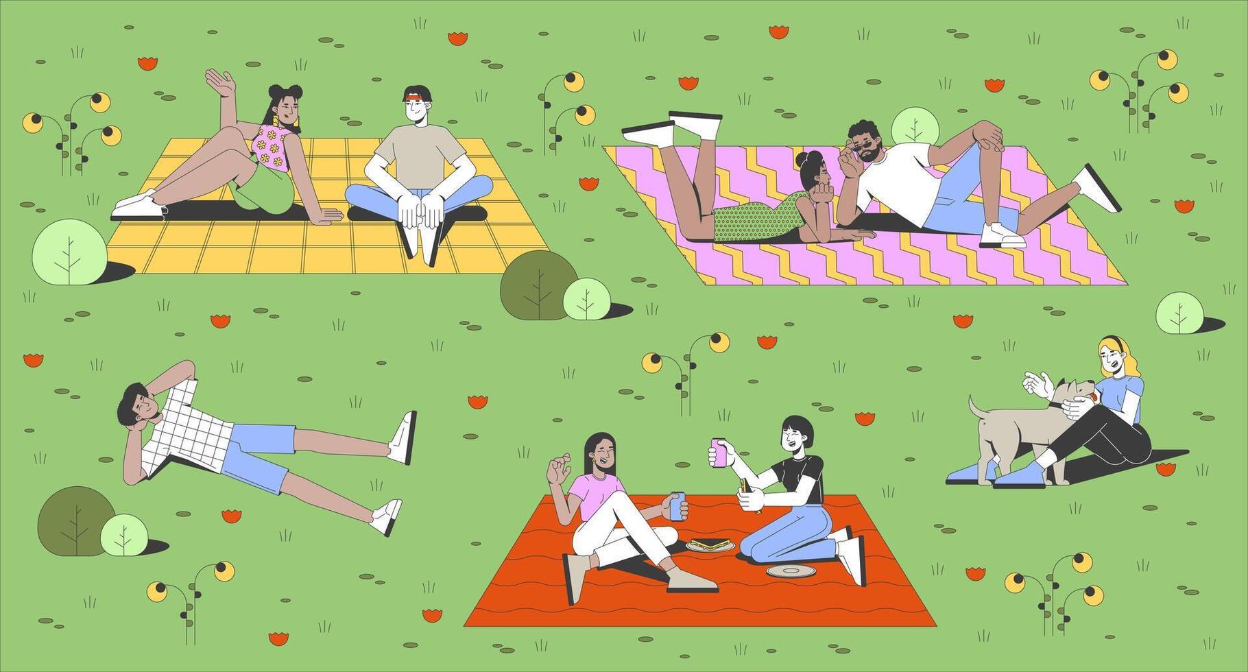 Public park picnic gathering flat illustration. Friendship bonding. Multicultural people chatting, relaxing, playing with dog 2D characters cartoon background. Colorful scene art image vector