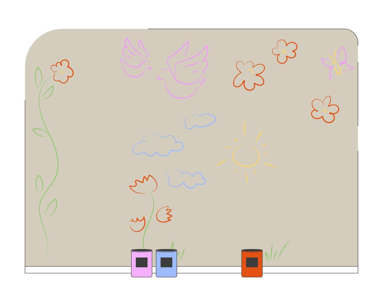 Wall mural with childish drawings and paint cans 2D illustration. Ongoing painting project. Community art and creative expression flat scene isolated on white background. Colorful cartoon image vector