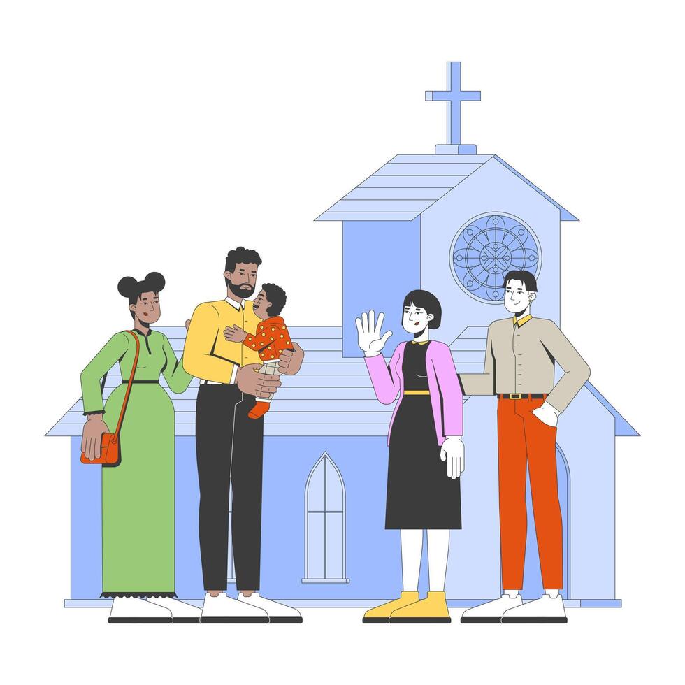 Local church Sunday service 2D illustration. Supportive religious community. Christians people. Diverse churchgoers flat characters isolated on white background. Colorful cartoon image vector