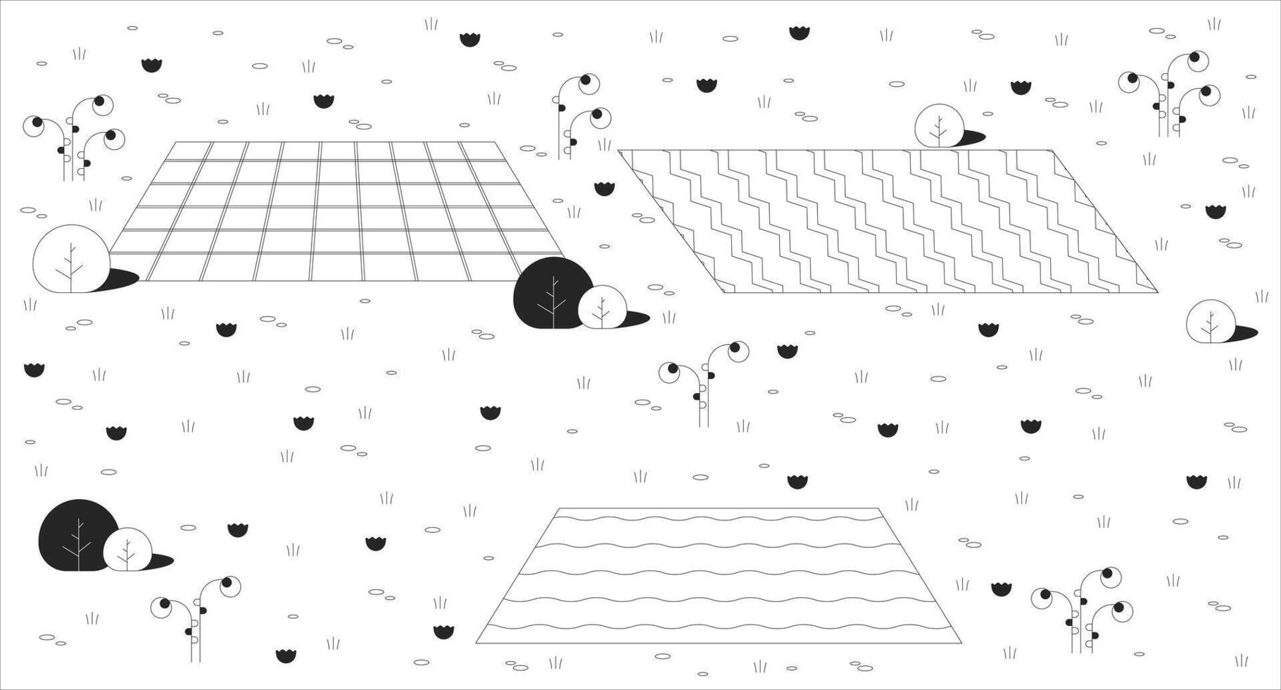 Picnic blankets placed on grassy field with blooming flowers line illustration backdrop. Summer nature cozy. Peaceful outdoor 2D ink outline landscape monochrome background. Lineart vector