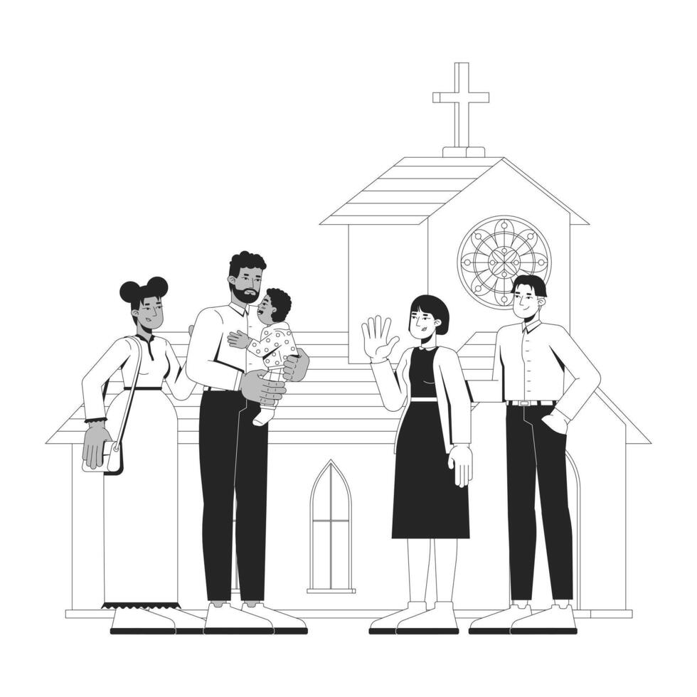 Local church Sunday service outline illustration. Supportive religious community. Christians people. Diverse churchgoers 2D line characters isolated on white. Monochrome ink linear image vector