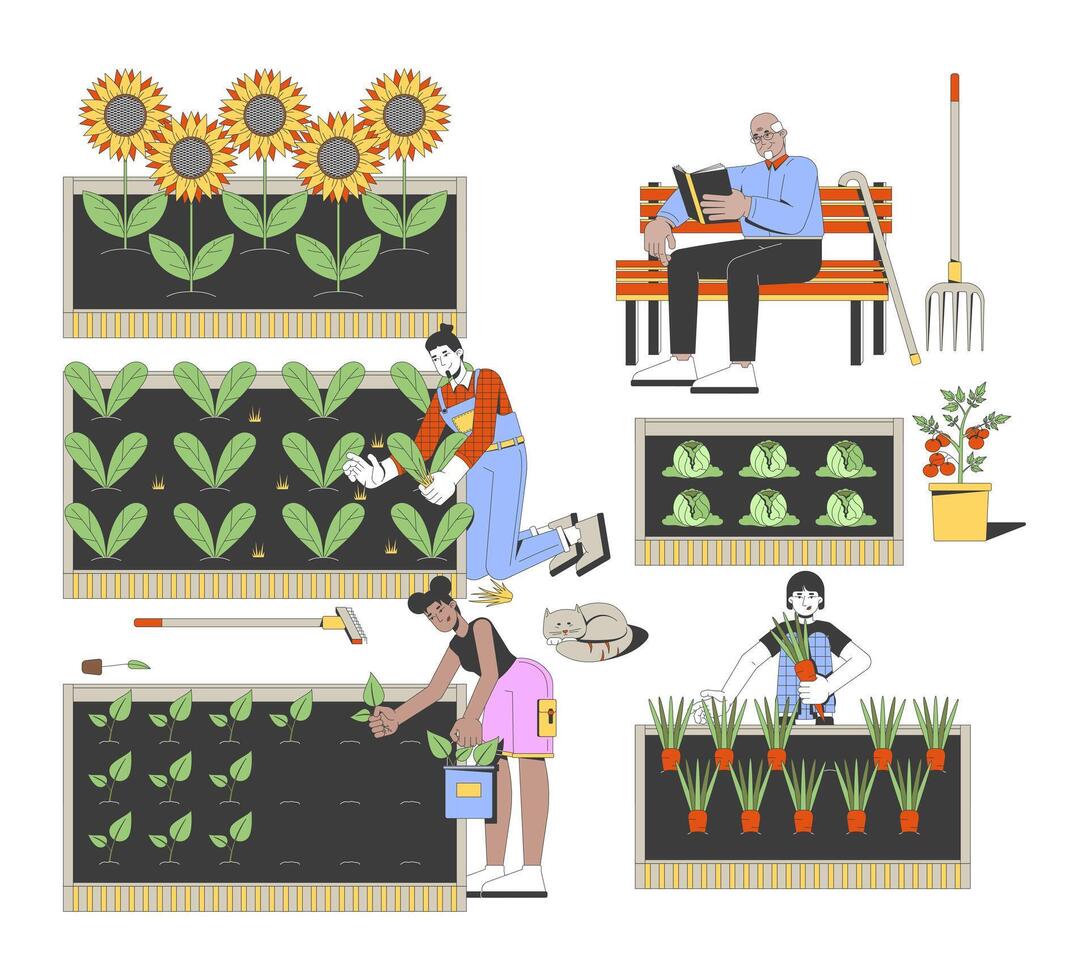 Community garden maintenance 2D illustration. Sustainable living, permaculture. Volunteers planting, weeding, harvesting flat characters isolated on white background. Colorful cartoon image vector