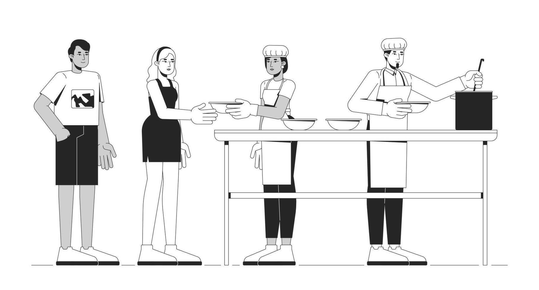 Soup kitchen volunteers serving meals outline illustration. Food donation. Community service. Homeless shelter, feeding people 2D line characters isolated on white. Monochrome ink linear image vector