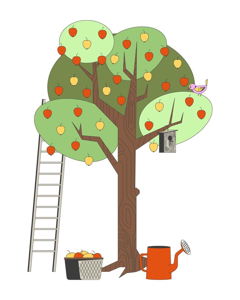Apple tree with birdhouse and ladder 2D illustration. Basket of harvested apples, watering can. Garden tools, fruits orchard flat scene isolated on white background. Colorful cartoon image vector