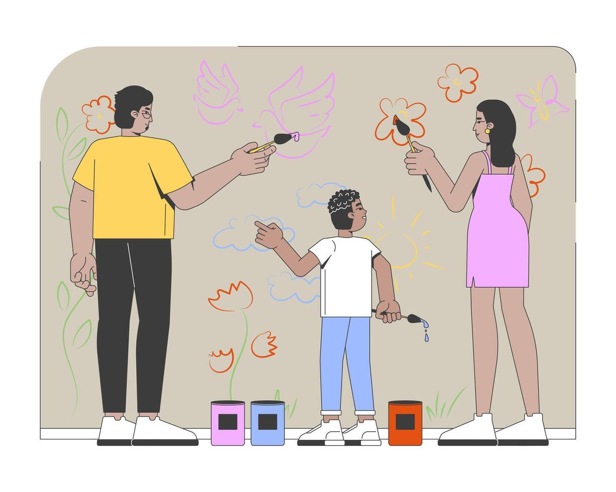 Community wall mural painting 2D illustration. Child creativity. Black family with son paint brushing on public wall flat characters isolated on white background. Colorful cartoon image vector
