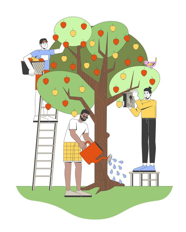 Community apple harvest 2D illustration. Watering tree, installing birdhouse. Diverse people picking fruits from appletree flat characters isolated on white background. Colorful cartoon image vector