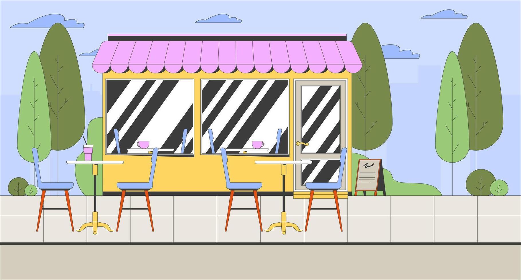 Empty outdoor cafe with storefront, awning and tables chairs flat illustration background. Local coffee shop, bistro coffeeshop 2D cityscape cartoon backdrop. Colorful scene art image vector