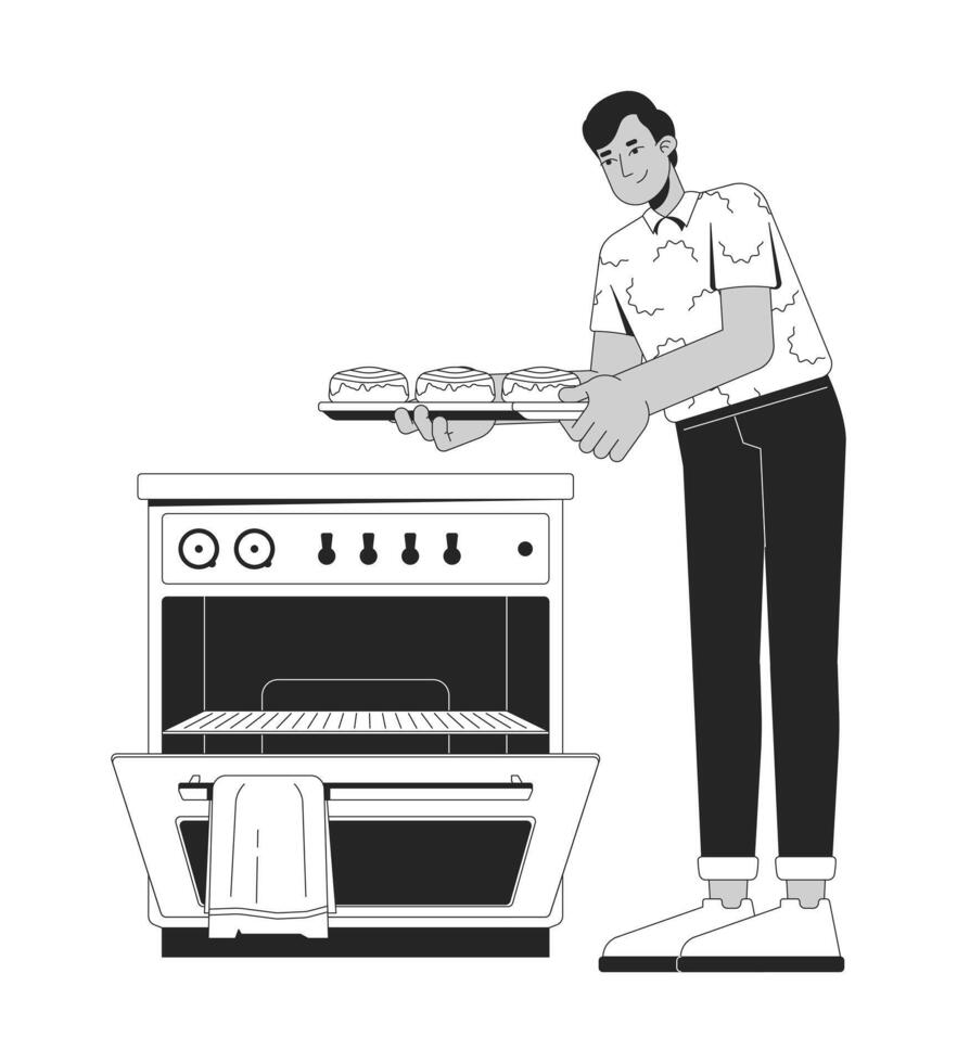 South asian man taking cinnamon rolls out of oven black and white 2D line character. Cooking hobby. Indian male baking enthusiast isolated outline person. Monochromatic spot illustration vector