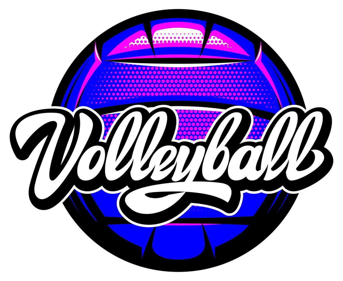 A vibrant volleyball logo with bold colors and stylish cursive text for a dynamic and eye-catching design vector